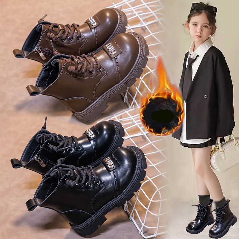 Fashion Children Leather Boots Autumn Winter Boys Girls Youth Boots Warm Cotton Happysteps Kids Ankle Boots Versatile Anti-slip Girls Shoes Sizes US9C