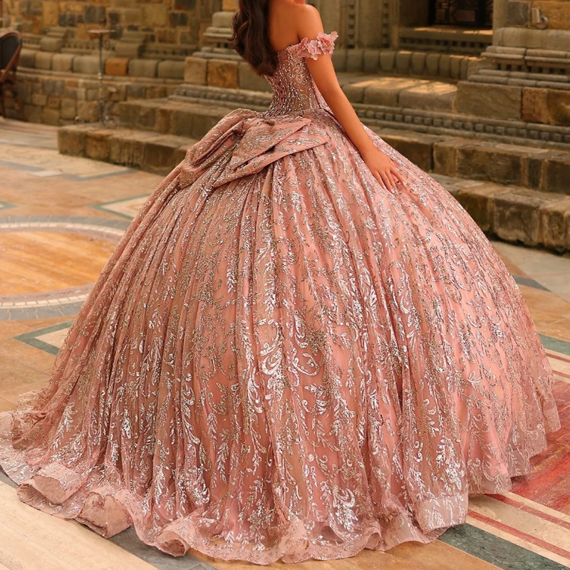 Pink Quinceanera Dresses Ball Gown Off The Shoulder Sequin Applique Lace Beads Bow Tull Party Birthday Sweet 16 Vestido De 15 Anos