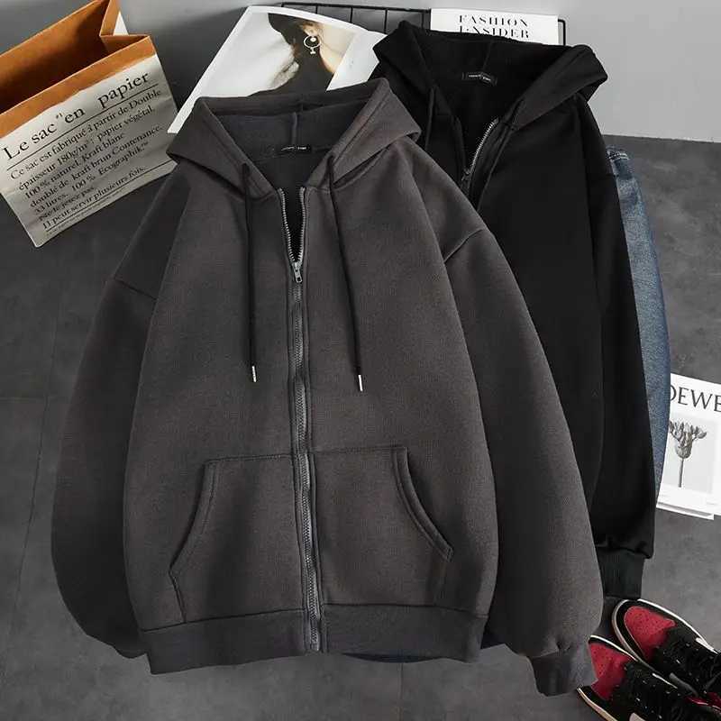 Autumn and winter velvet thick hooded cardigan loose mens clothing Korean version warm solid color zipper chic top W241230