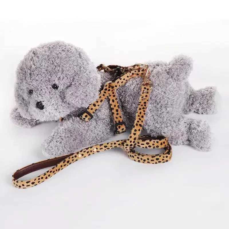 Leopard with Hair Fashion Pet Collar Set Dog Substantial Harnesses Traction Rope Suit Adjustable Cute Pet Decoration AccessoriesXJ241230