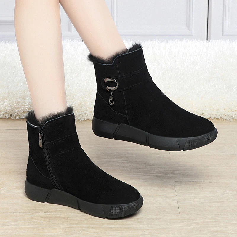 AIYUQI Women Snow Boots Genuine Leather Winter Shoe Boots Women Casual Natural Wool Wedge Women Ankle Boots