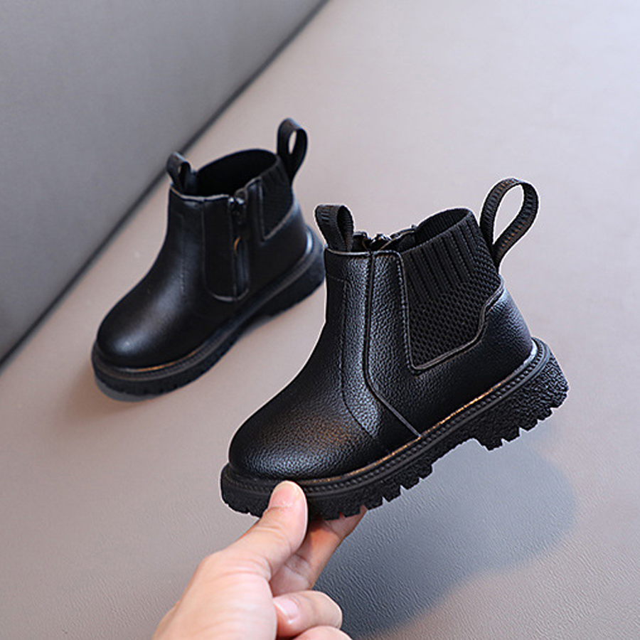 Winter New Kids Thick Plush Warm Boots Side Zipper PU Leather Waterproof Snow Boots Happysteps Boys Girls Non-slip Plush Cotton Shoes Size US 5C-12.5C