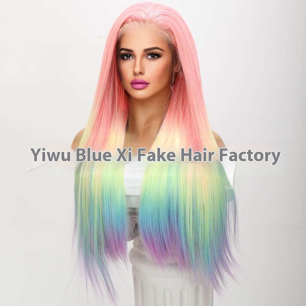 Lace Front Wig Cover T Shape High Quality 13 * 4 Star High-End Fashion Rainbow Gradient T-Shaped Lace Front Wig Kq2