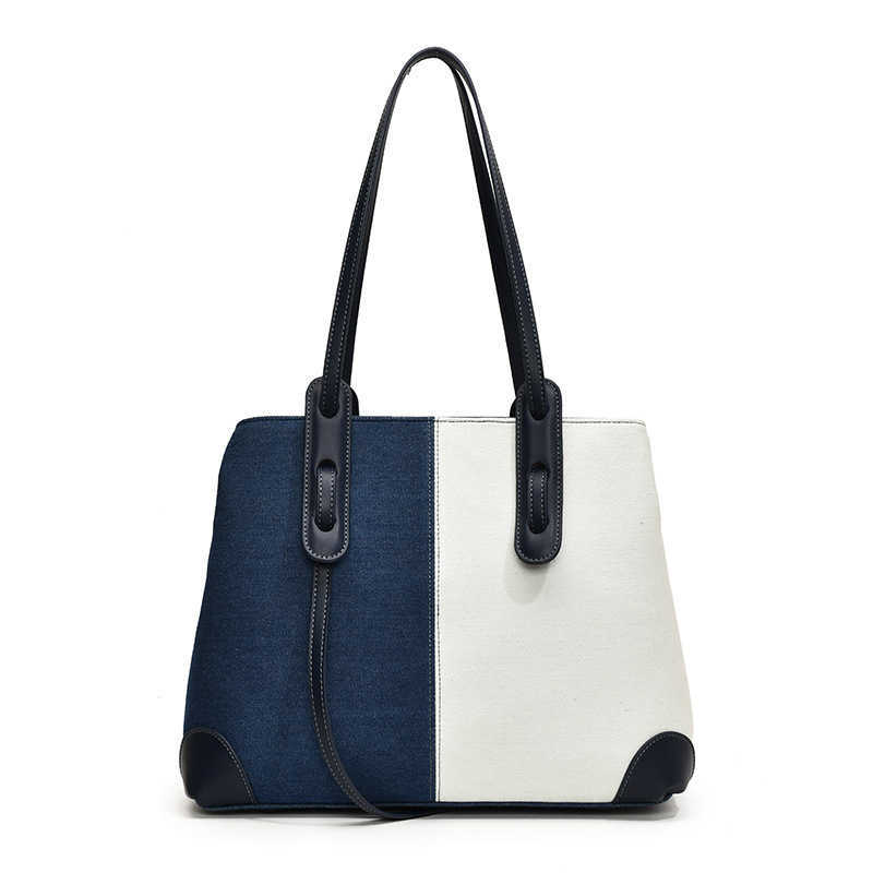 Large Capacity Commuter Double Mouth Single Shoulder Bag Women Denim Color blocked High Quality Texture Handheld Tote Bag 241215