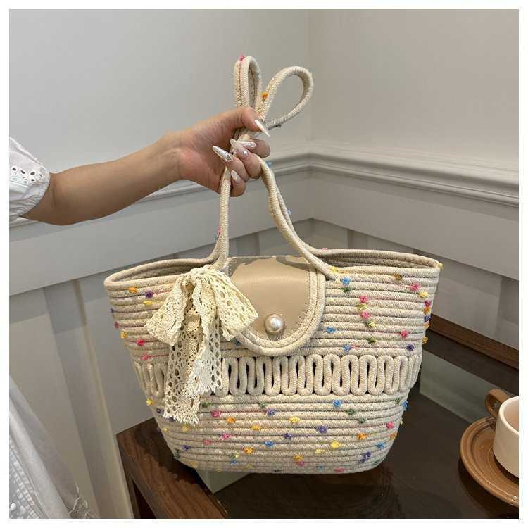 New Handheld Large Capacity Tote Bag Versatile Silk Scarf Straw Woven Bag Woven Bag Tote Bag Women's Beach Bag