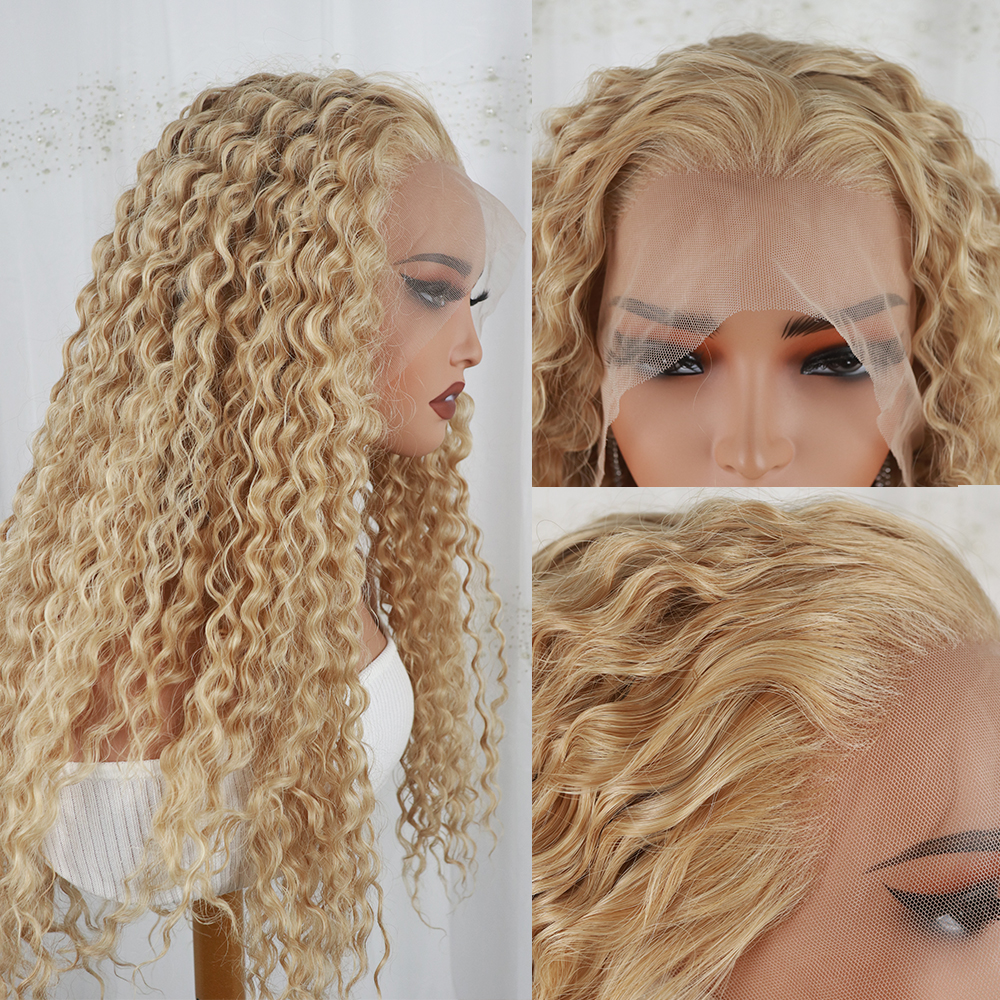 13x4Lace Front Synthetic Wig Fashion Women Stylish 180Density Rose Pink Long Natural Deep Wave Curly Wigs Dark Root Daily Heat Resistant Fiber Look Li