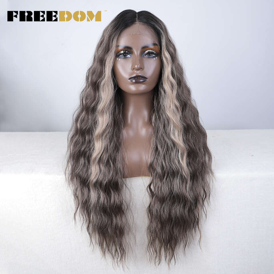 FREEDOM Synthetic Front For Black Women Long Curly Wavy Ombre Highlight Ginger Lace Heat Resistant Cosplay Wigs