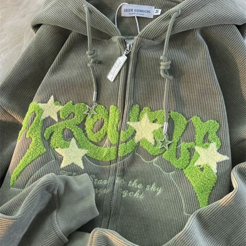 Vintage Streetwear Zip Up Tops Oversized Star Graphics Print Hoodies 2024 Women American Retro Graphic Hooded Sweatshirts y241220