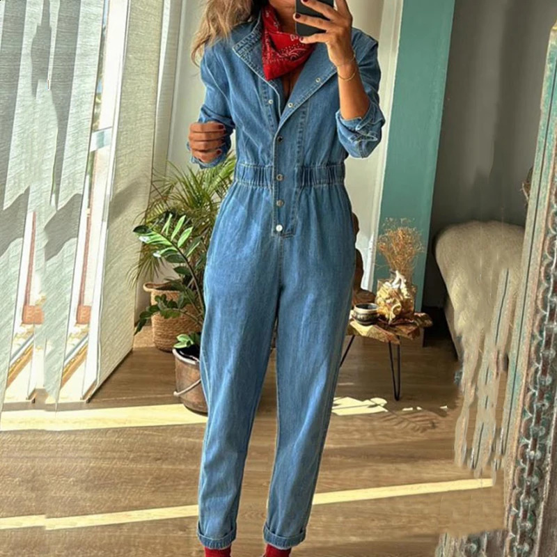 Women Fashion Button Solid Long Rompers Causal Long Sleeve Pocket Pencil Playsuits Elegant O-neck Elastic Waist Cow Jumsuits 241230