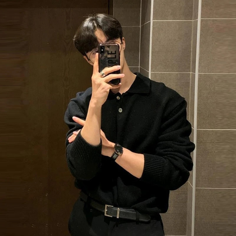 Mens Light Slim Knit Polo Neck Sweater Korean Review Clothes Retro Long Sleeve Streetwear Leisure Fashion Knitwear 241230