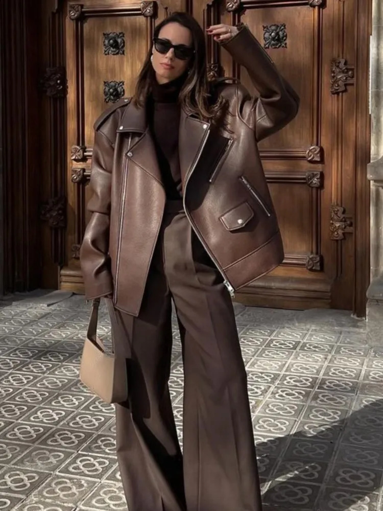 Lapel Zipper Leather Jacket Coat Silhouette Loose Solid Color Womens Casual Biker Jackets Retro Street Overcoat Autumn Top 241224