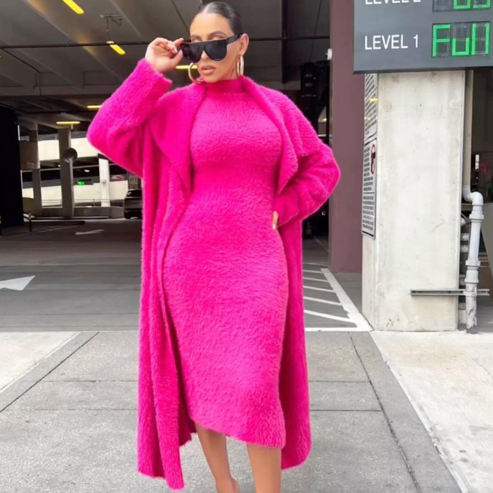 Women Flannel Lounge Maxi Dress And Lapel Open Cardigan With Belt Long Sleeve Trench Winter Sweatsuit Two 2 Piece Set