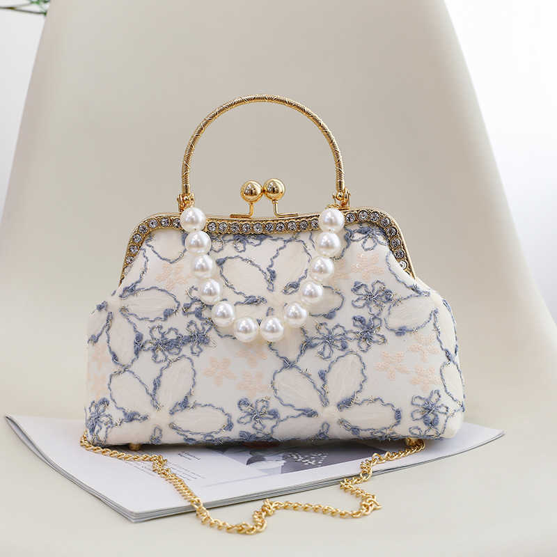 New Lace Flower Handbag Diagonal Cross Bag Qipao Hanfu New Chinese Style Shoulder Bag Pearl Handbag Women's Bag