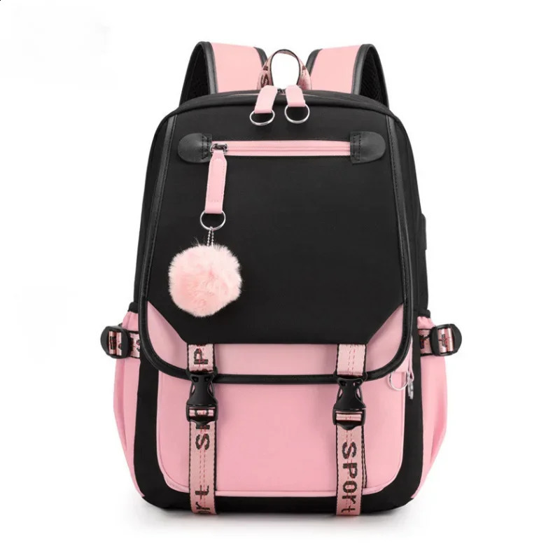 large school bags for teenage girls USB port canvas schoolbag student book bag fashion black pink teen school backpack 241230