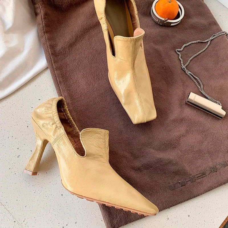 Square Toe High Heels Women Fashion Pleated Party Dress Shoes Shallow Spring Autumn Retro Mules Pumps Women 241230