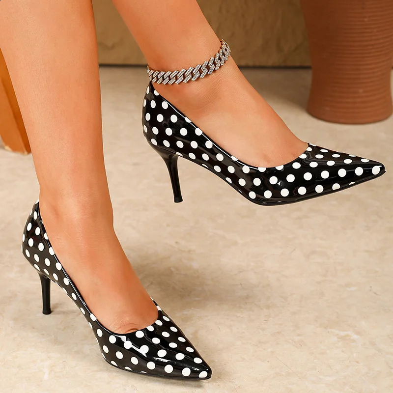 Black/White Polka Dots Patent Leather High Heels Stiletto Pointy Toe Classy Slip-on Shallow Sexy Pumps Party Nightclub Shoes 241230
