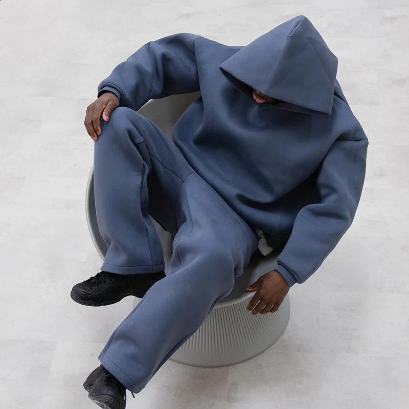 2 Piece Set Fashion Casual Solid Hooded Pullover Straight Pants Tracksuit For Male Loose Hoodies Sweatshirt Wide Leg Sweatpants 241228