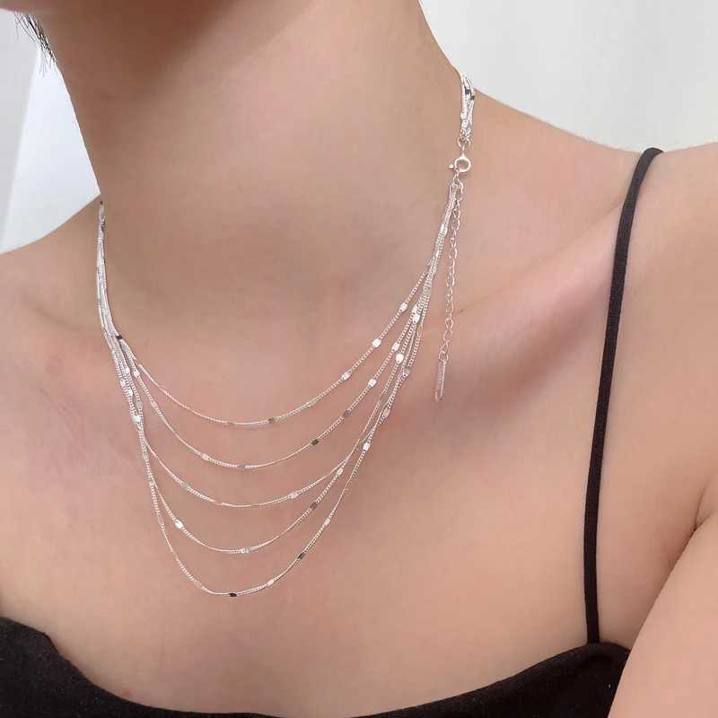 New S925 Pure Silver Womens Jewelry Necklace European Pure Silver Fashion Multi Layer Bar Necklace W241230
