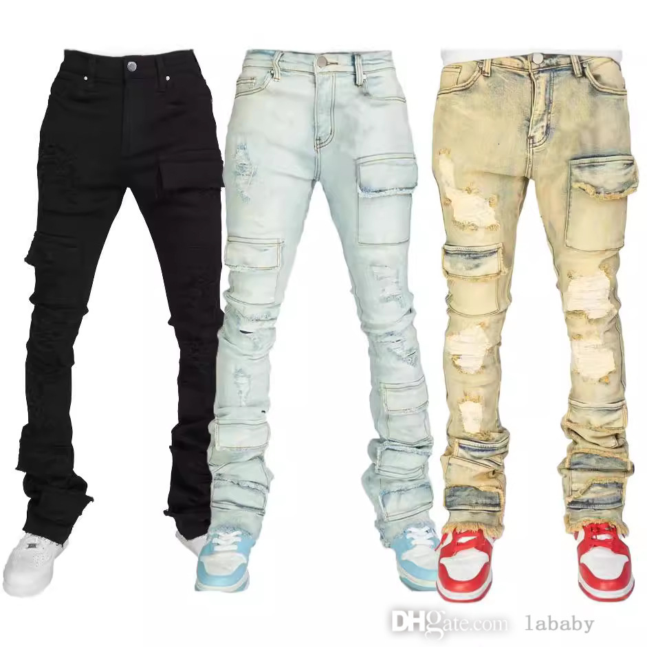 2025 Fashion INS Jeans For Mens Stretch Ripped Layered Denim Pants Workwear Loose Straight Micro Flared Stacked Jean Trousers