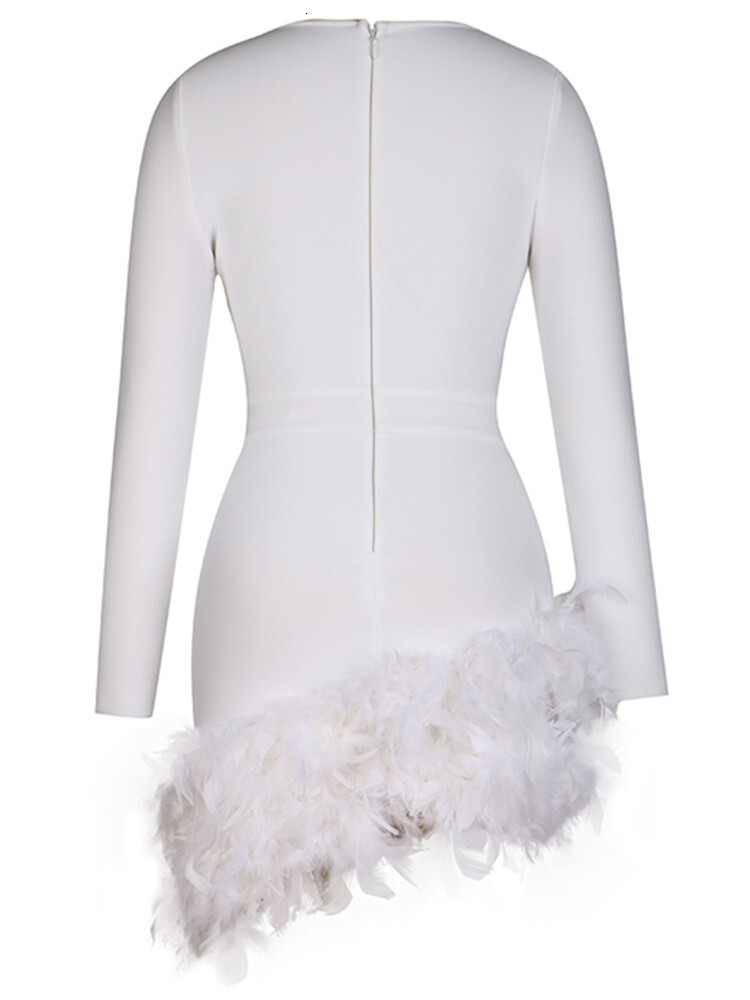 New Fashion Women Sexy V Neck Long Sleeve Feather Black White Mini Bandage Elegant Evening Club Bodycon Party Dress