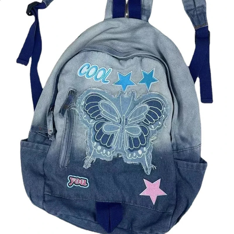 American Retro Large Capacity Denim Bag Butterfly Star Large Capacity Student Schoolbag Backpack Storage Bag Kids Backpack 241230