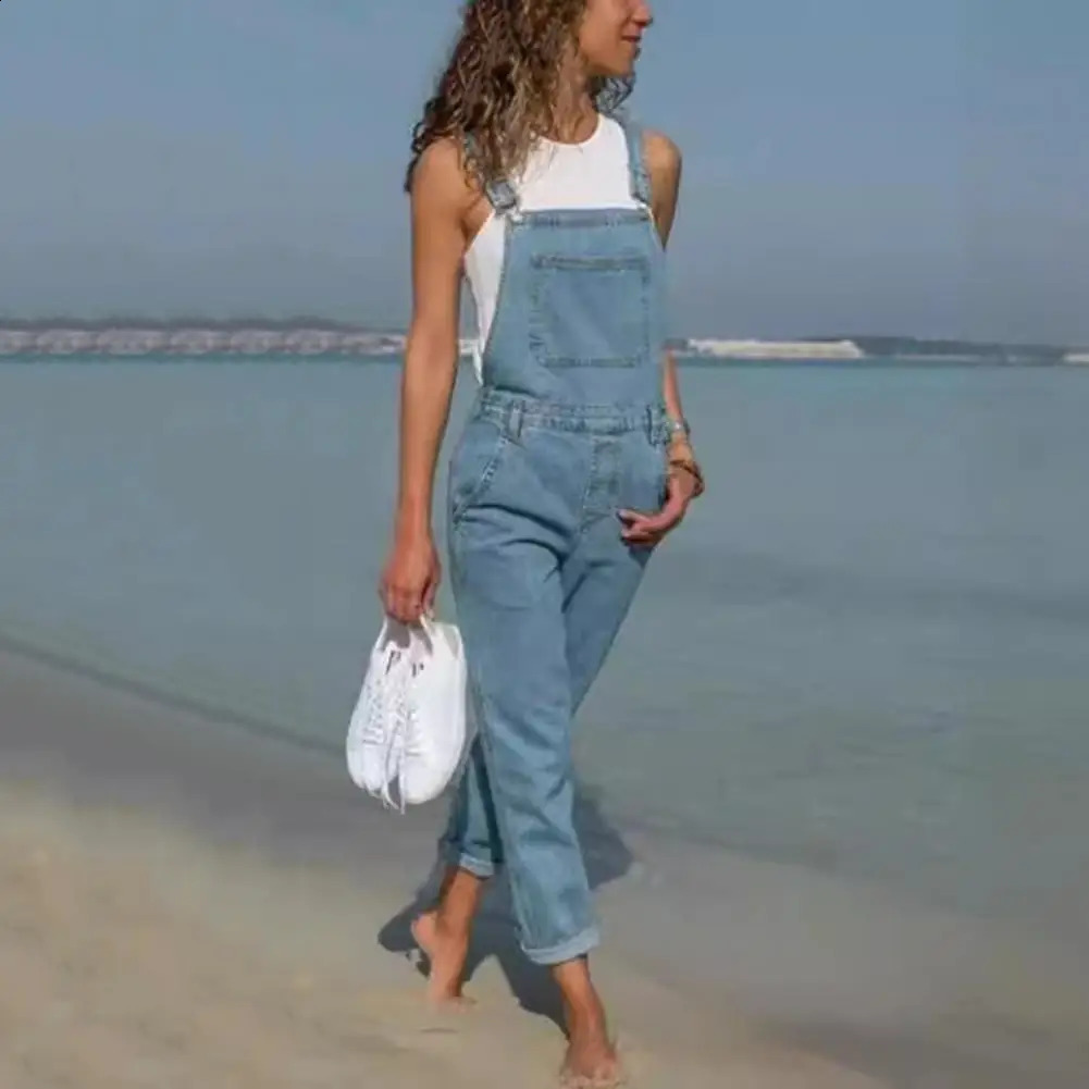 Denim Overalls with Pockets Distressed Denim Overalls Stylish Plus Size Denim Jumpsuit with Adjustable Straps Side for Women 241230