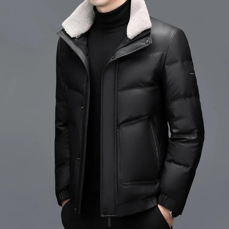 YX-6502 Mens Genuine Leather Down Jacket Winter Sheepskin Stand Up Collar Leather Jacket Casual Thick Warm Jacket Trend 250114