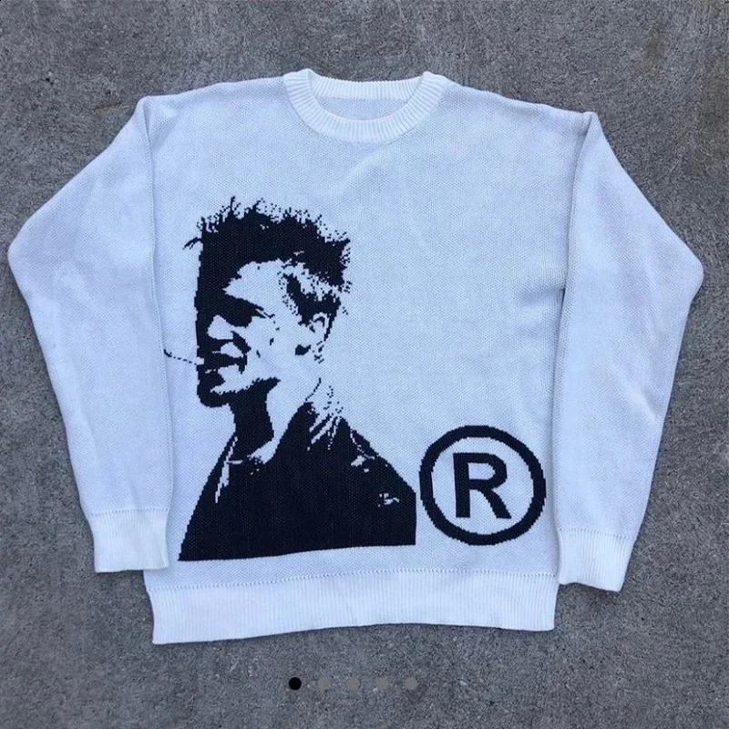 Y2k Harajuku Aesthetics Vintage Loose Punk Streetwear Knitted Unisex Rock Goth Graphic Print Knit Pullover Hip Hop Top Sweater 241223Z
