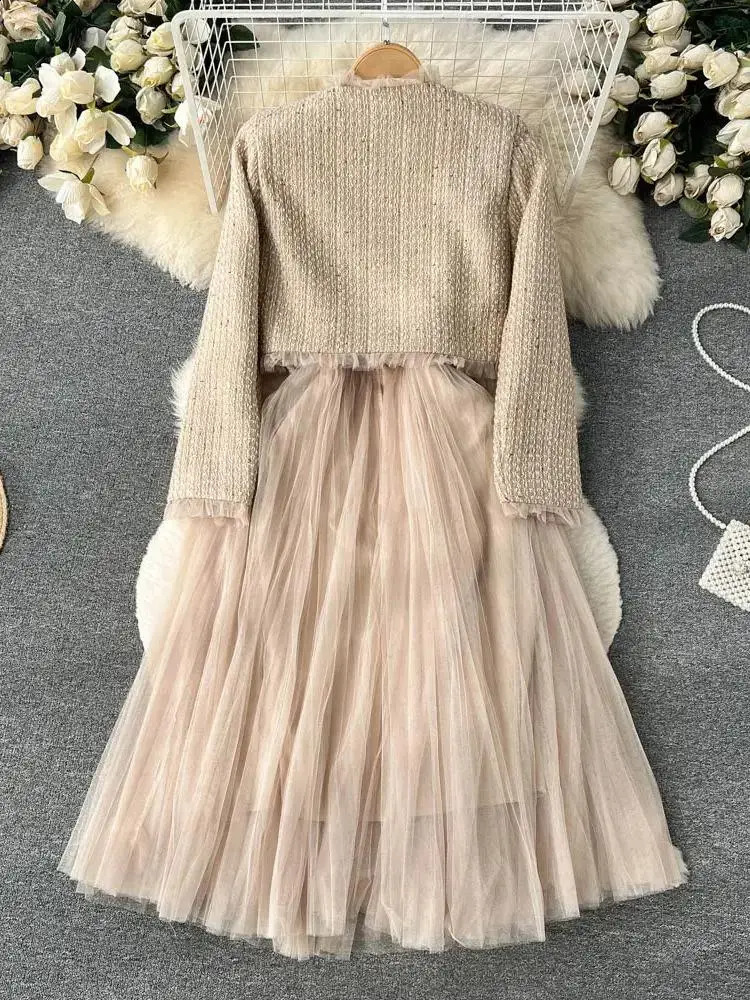 2025 Autumn Spaghetti Strap Woolen Patchwork Mesh Tulles Midi Dress Short Tweed Jacket Coat For Women 2 Pieces Set Outfits 241220