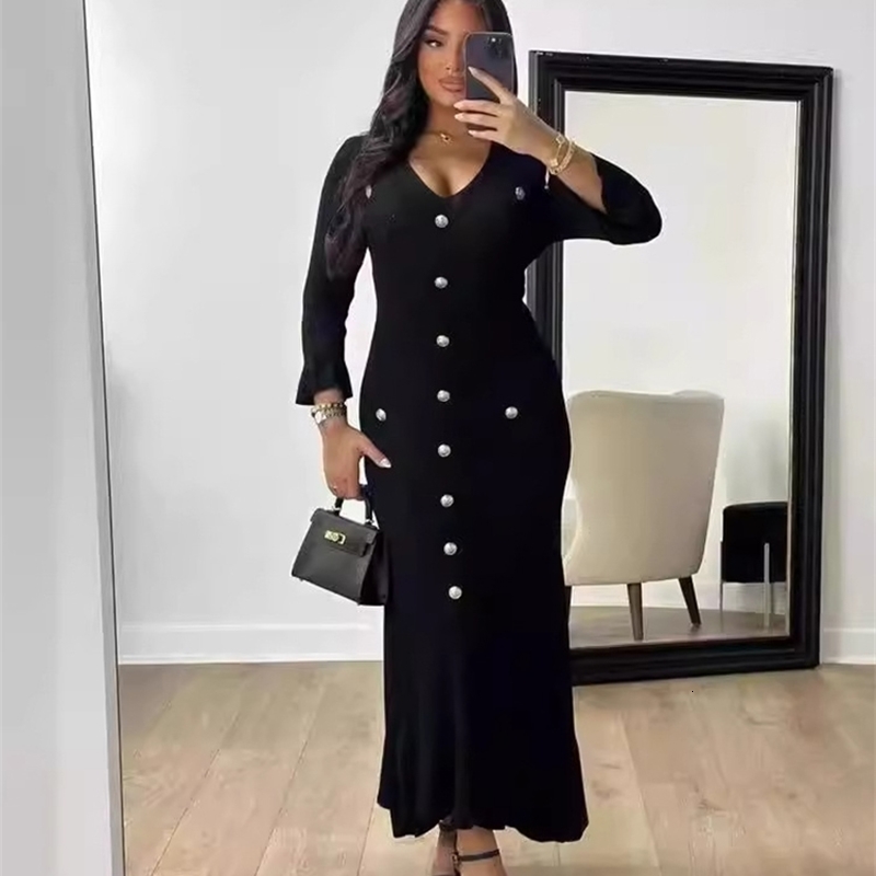 Elegant Knitted Long Dres Flare Sleelve V Neck Ruffles Single Breasted Bodycon Dresses Party Fashion Office Lady Vestidos 241228