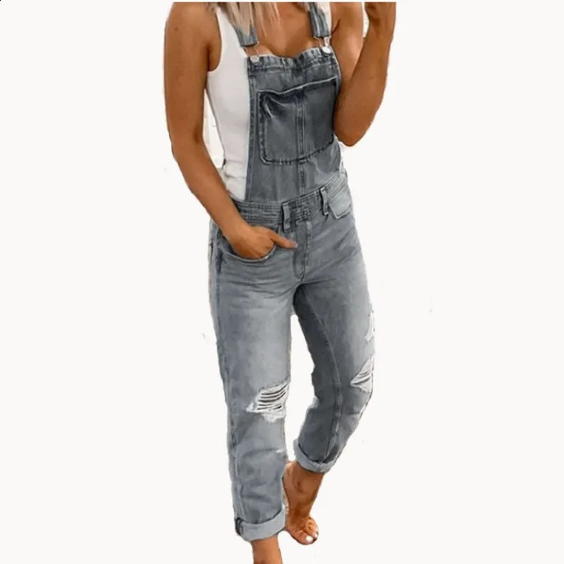Suspenders Denim Jumpsuit For Women Fashion Ripped Jeans Jumpsuit Casual Female Clothing S-3XL Drop 241230