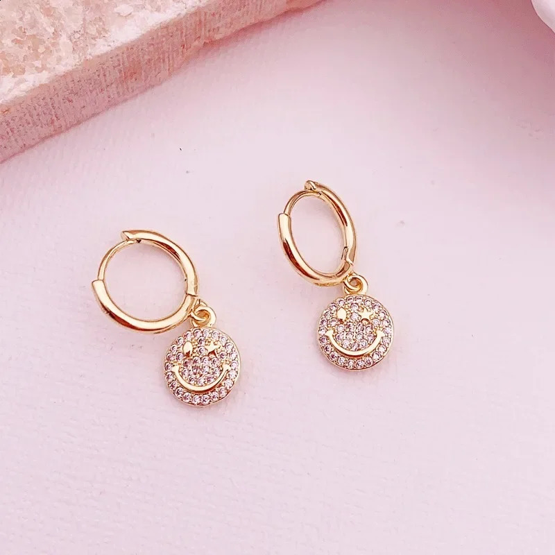 Minar Cute Lovely 14K Real Gold Plated Brass Shiny Full CZ Cubic Zirconia Round Smile Face Pendant Hoop Earrings for Women Gift 241225