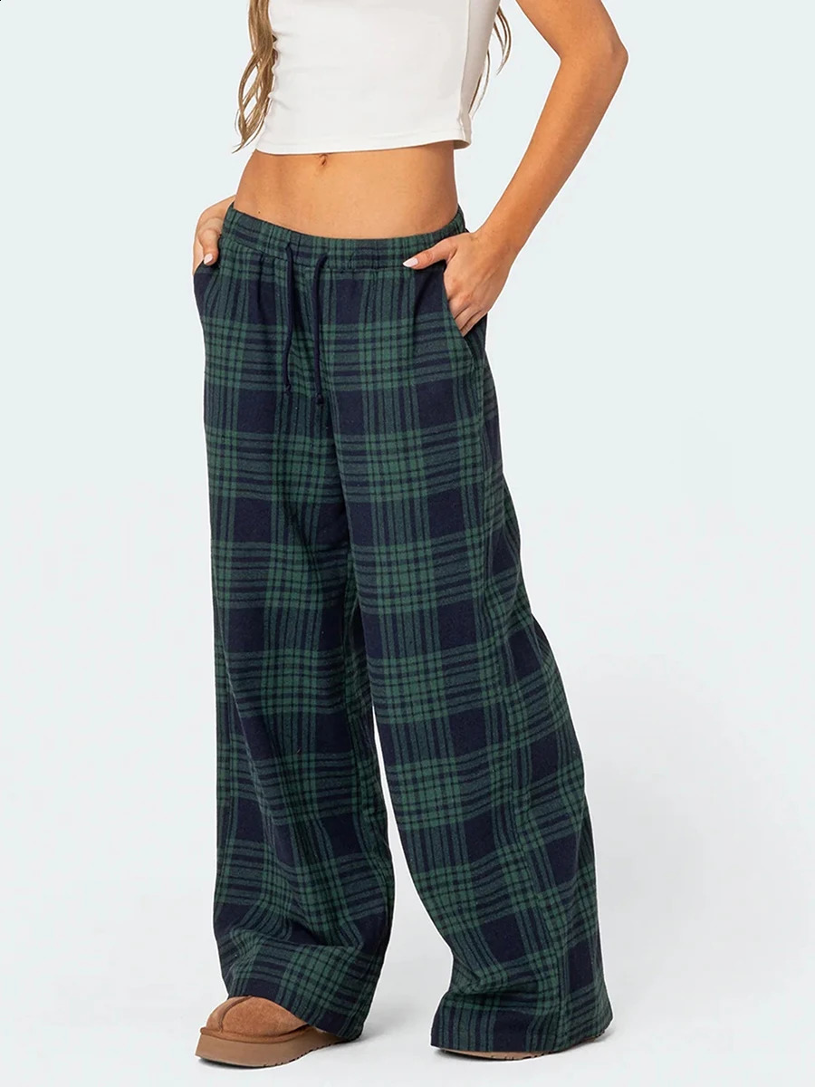 2024 Womens Casual Trousers Classic Plaid Print Elastic Waist Loose Wide Leg Pants Lounge 241228