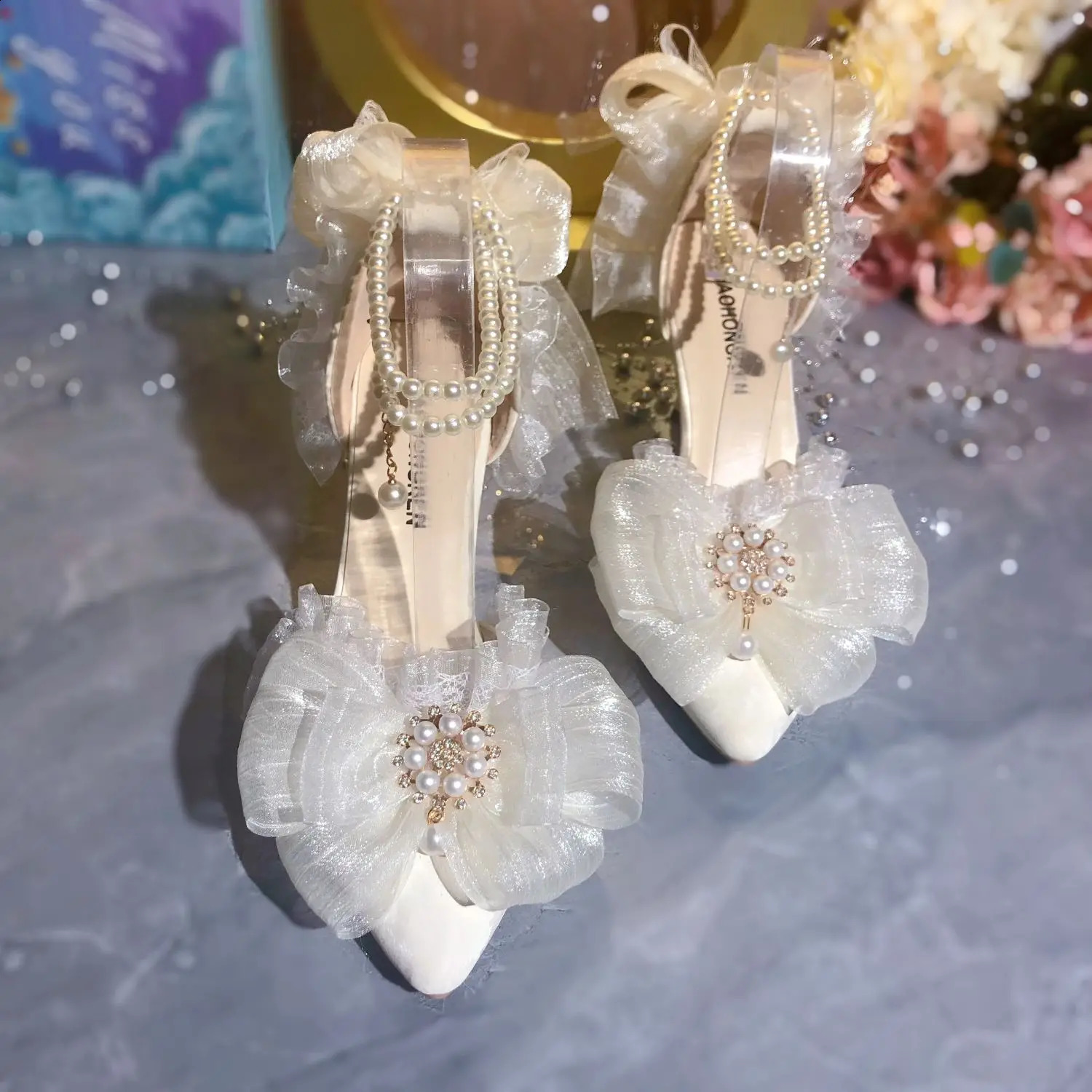 Elegant Womens Dress Shoes White Lolita Mary Jane Shoes Woman Pearl Lolita Sandals Sling Back Heels Women 241230
