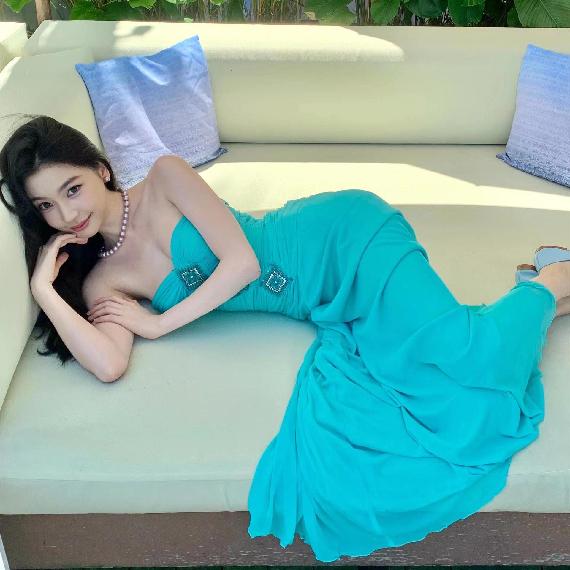 X150 Sexy backless shimmering ruffled slim fit hip short suspender dress