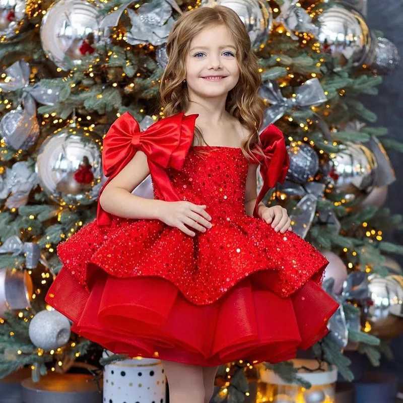 Girl's Dresses Girls Red Mesh Dress Luxury Sleeves Elegant Girls Evening Dress Summer Fashionable Sequin Princess 3-10 Y girls graduate dress Y25