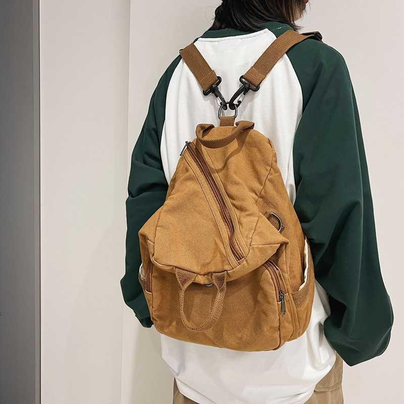 Washed Canvas Backpack men's and women's large capacity multipurpose Single Shoulder Messenger Bag lazy wind solid color small backpack 2412