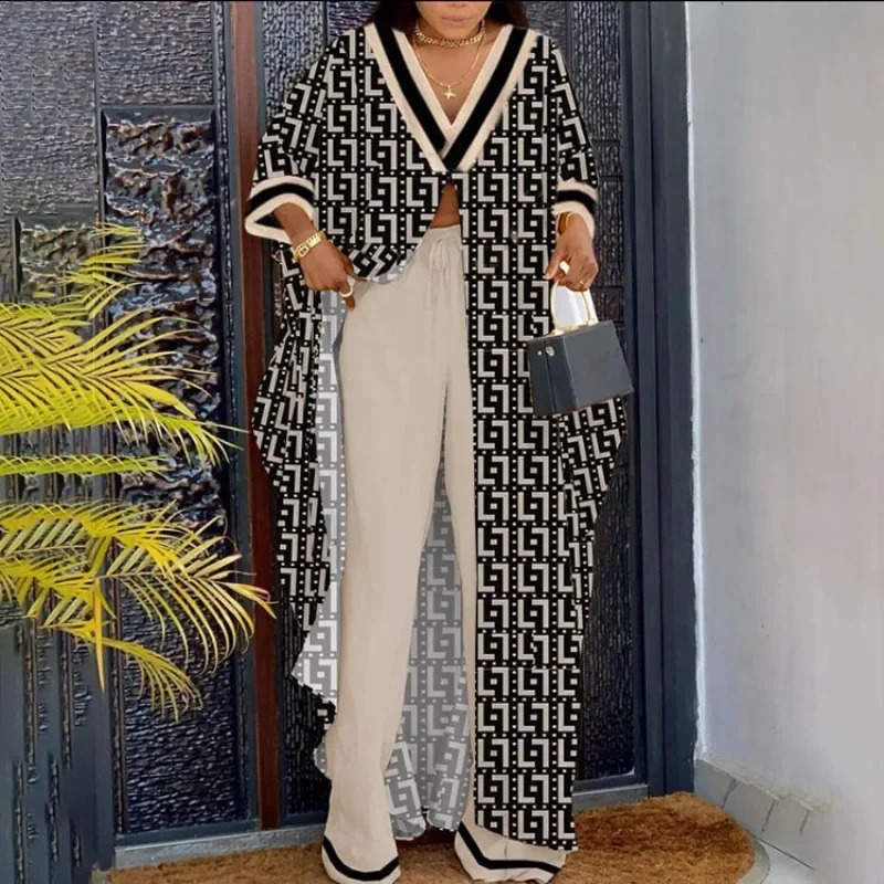 Shirt Drawstring Trouser Casual Long Printed Dress Suit Fashion Vneck Loose 34 Sleeve Top Pants Sets 241220