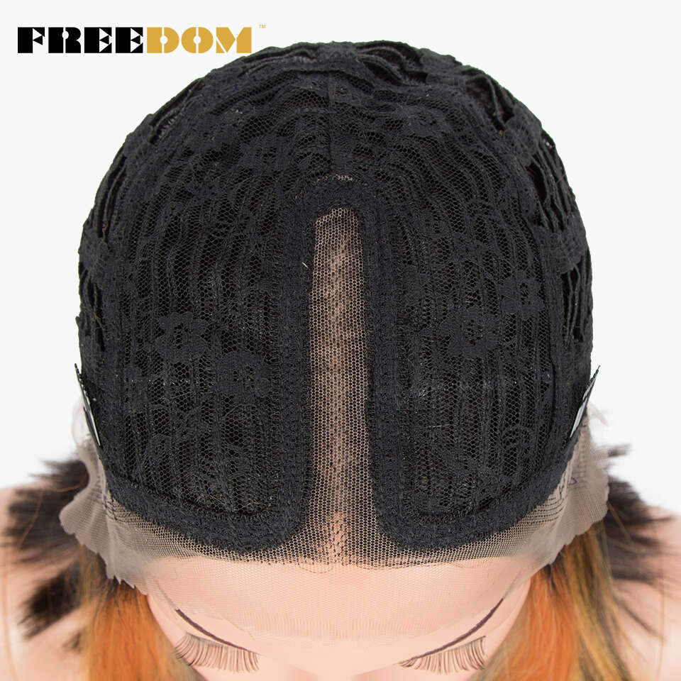 FREEDOM Synthetic Straight Short Bob Ombre Blonde Blue Wig Middle Part Lace For Black Women Cosplay Wigs
