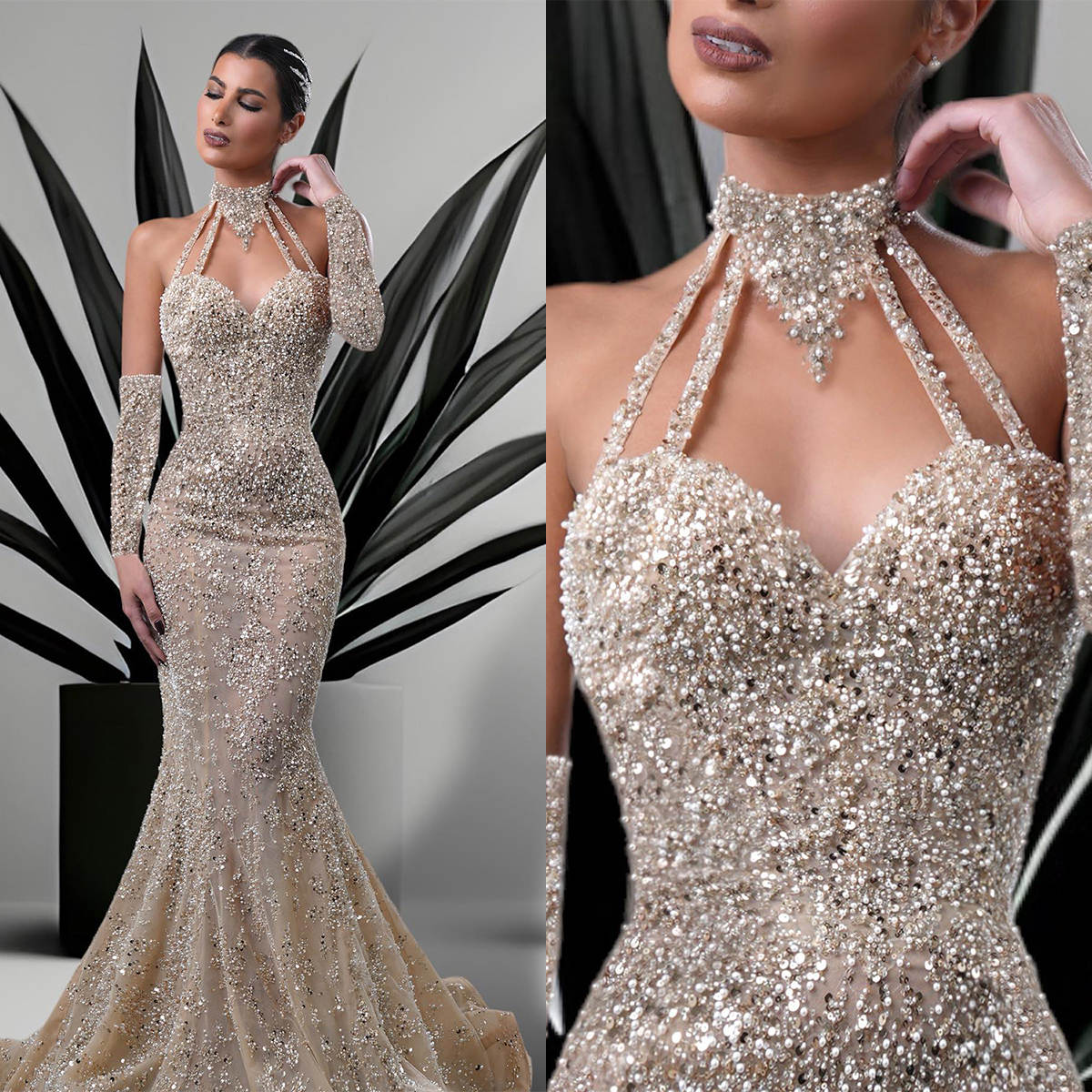 Exquisite Mermaid Wedding Dresses Halter Lace Net Multilayer Sleeves Appliques Sequins Cathedral Bridal Gowns Arabian Dubai Custom Made Vestidos De No