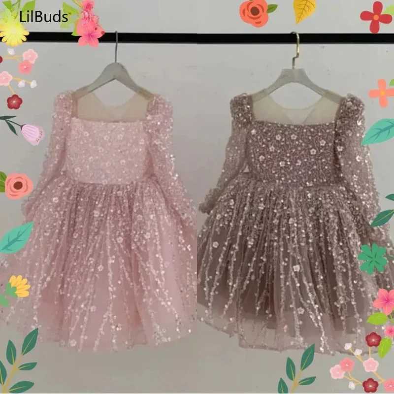 Girl's Dresses 2024 Children Birthday Evening Party Matching Princess Ball Gown Long Sleeve Formal Dresses Kids Girls Elegant Shinny SequinY24122