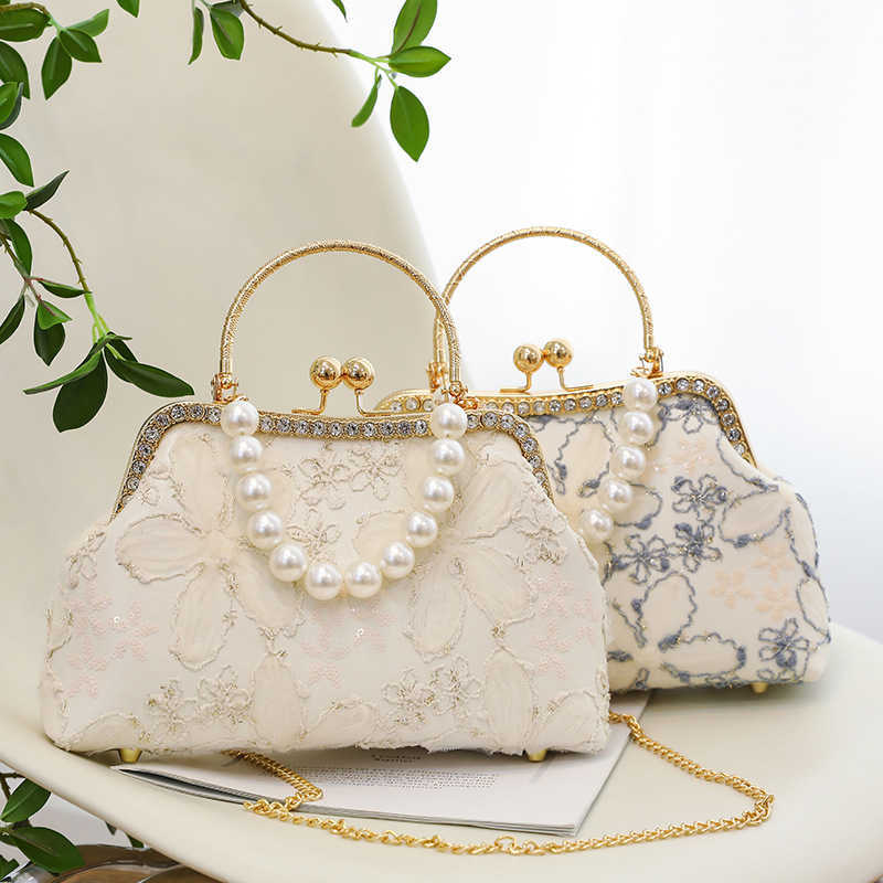 New Lace Flower Handbag Diagonal Cross Bag Qipao Hanfu New Chinese Style Shoulder Bag Pearl Handbag Women's Bag