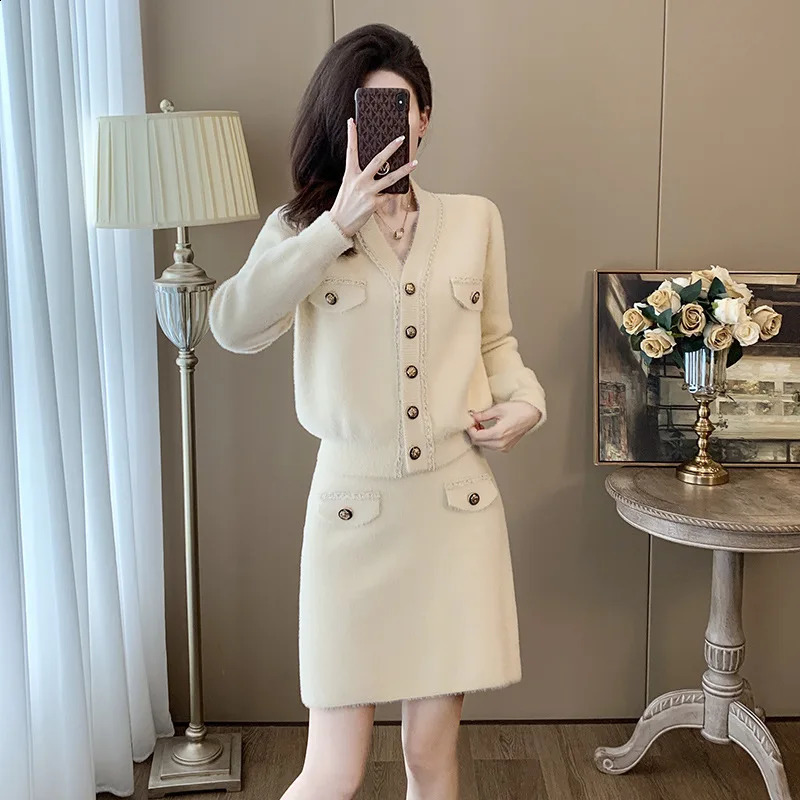 Pink Faux Mink Fur Knitted Two Piece Set Womens Outfits Sweet Single Breasted Sweater Cardgain Mini A Line Skirt Suits Female 241220