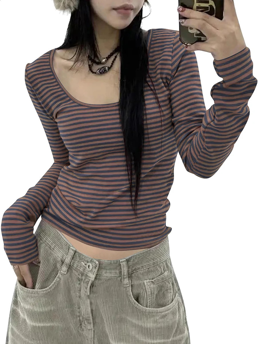 wsevypo Women Basic T-shirt Fall Spring Striped Casual Tops Long Sleeve Scoop Neck Slim fit Pullovers Harajuku Streetwear 241224