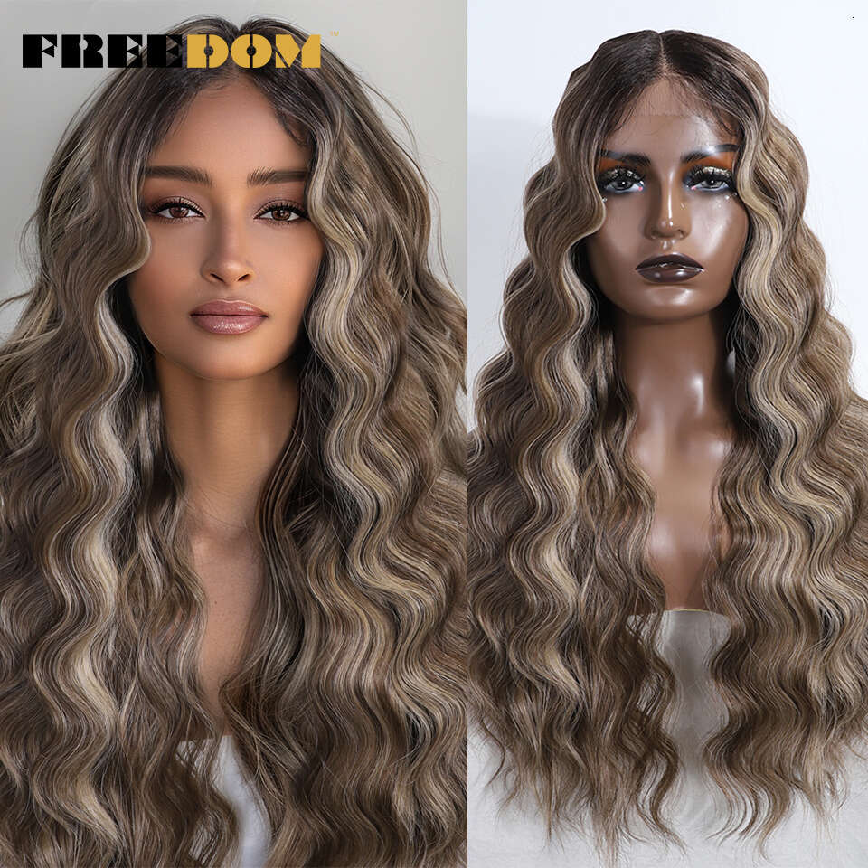 FREEDOM Synthetic Lace Front For Women 28 Inch Loose Body Wavy Middle Part Ombre Brown Blonde White Wig Cosplay Wigs