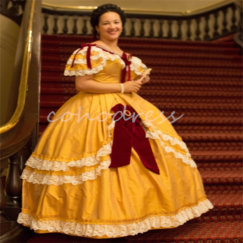 Historical Yellow Renaissance Prom Dress Off Shoulders Lace Gothic Steampunk Ball Gown Evening Dress Costume Party Civil war Southern French Duchess B