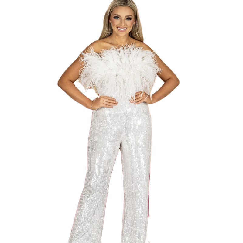 White Feathers Sequined Jumpeuits Prom Dresses For Women Strapless Sleeveless Glitter Special Occasion Gown Birthday Party Wear 2025