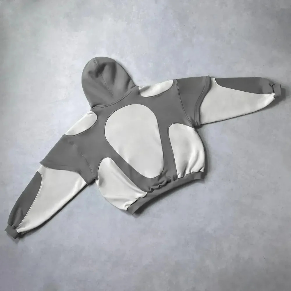 Y2K Fashion Hip Hop Gray Stitching Embroidered Hooded Sweater Loose Casual Hooded Sweatshirt Gothic Street Retro Women Clothing 241230