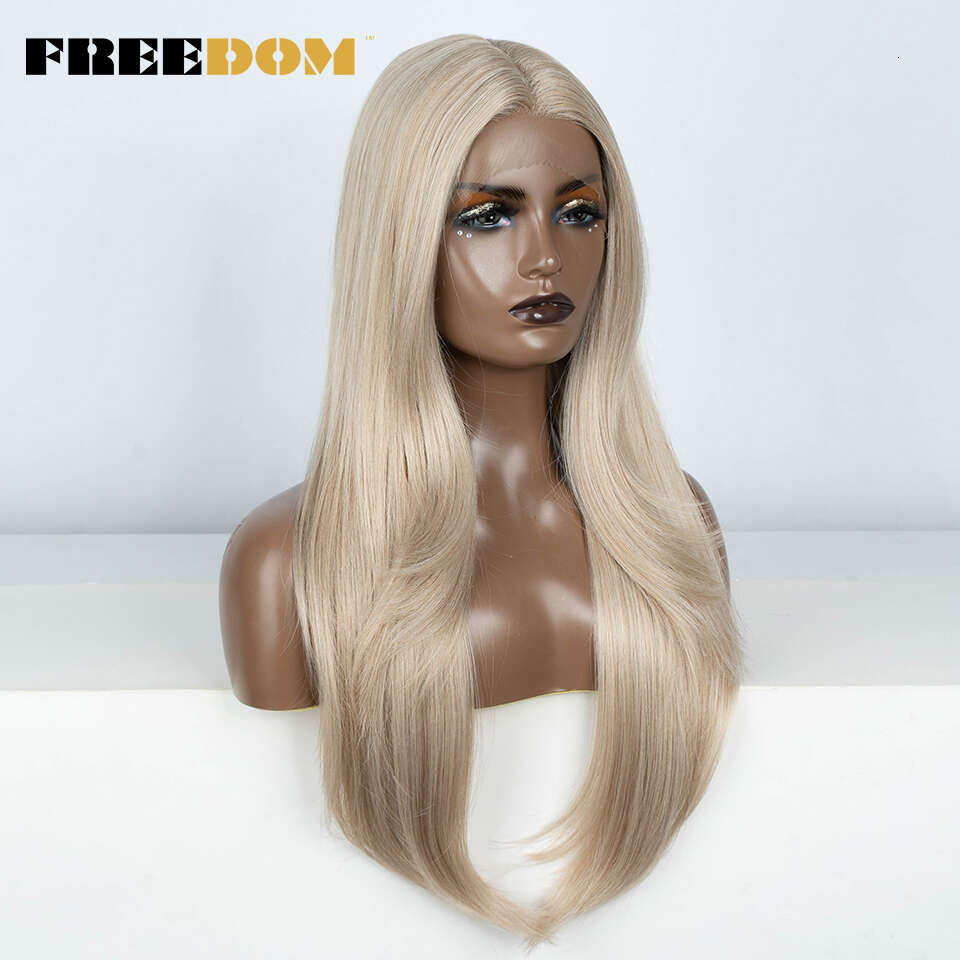 FREEDOM Synthetic Front For Women 28 Inch Straight Pink Ombre Brown Blonde Highlight Cosplay Lace Wigs Heat Resistant