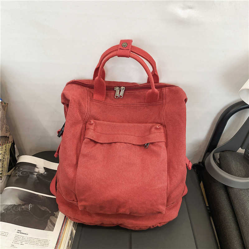 Ins style schoolbag female solid color large capacity backpack college student lazy Feng Shui wash used Canvas Backpack 241230